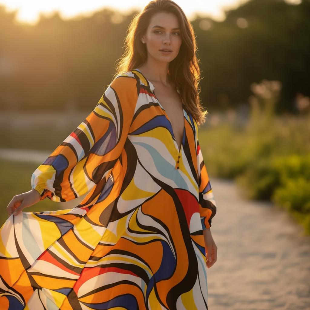 Boho Print Deep V Neck Maxi Dress Loose Beach Summer Dress