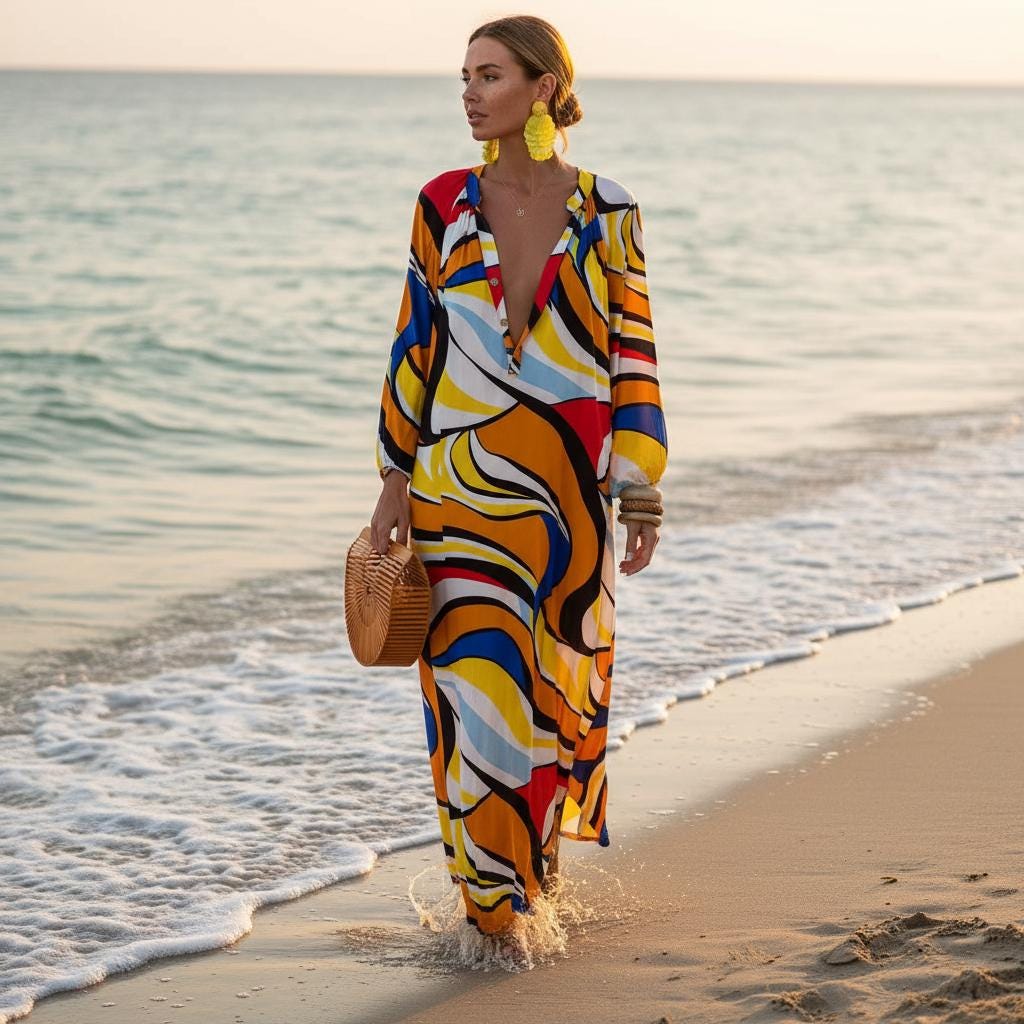 Boho Print Deep V Neck Maxi Dress Loose Beach Summer Dress