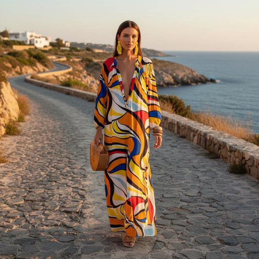 Boho Print Deep V Neck Maxi Dress Loose Beach Summer Dress