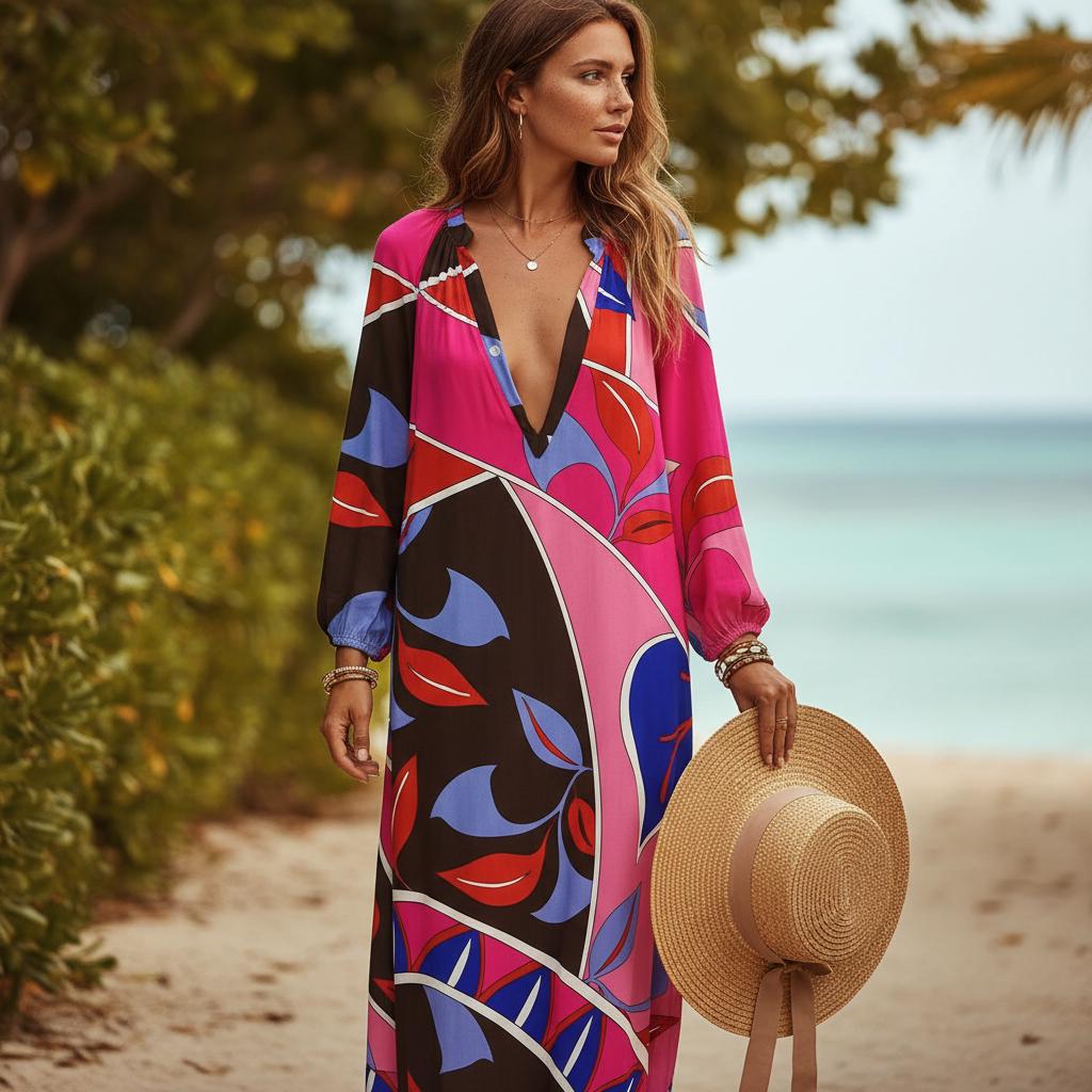 Bohemian Loose Maxi Dress Deep V Neck Long Sleeve Dress