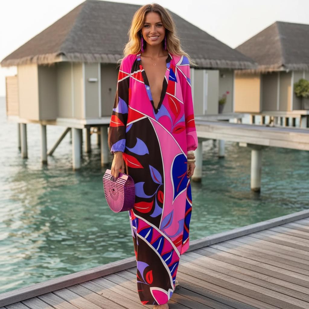 Bohemian Loose Maxi Dress Deep V Neck Long Sleeve Dress