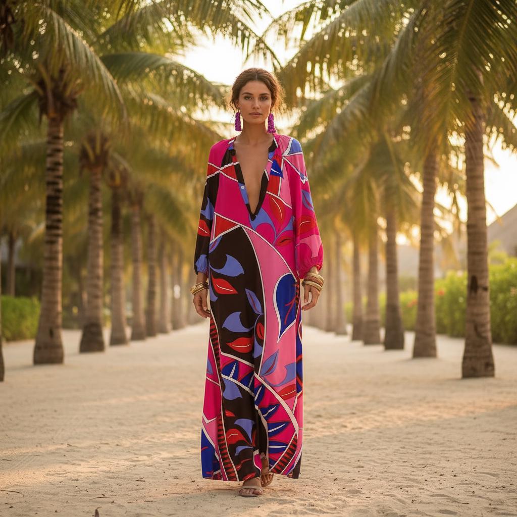 Bohemian Loose Maxi Dress Deep V Neck Long Sleeve Dress