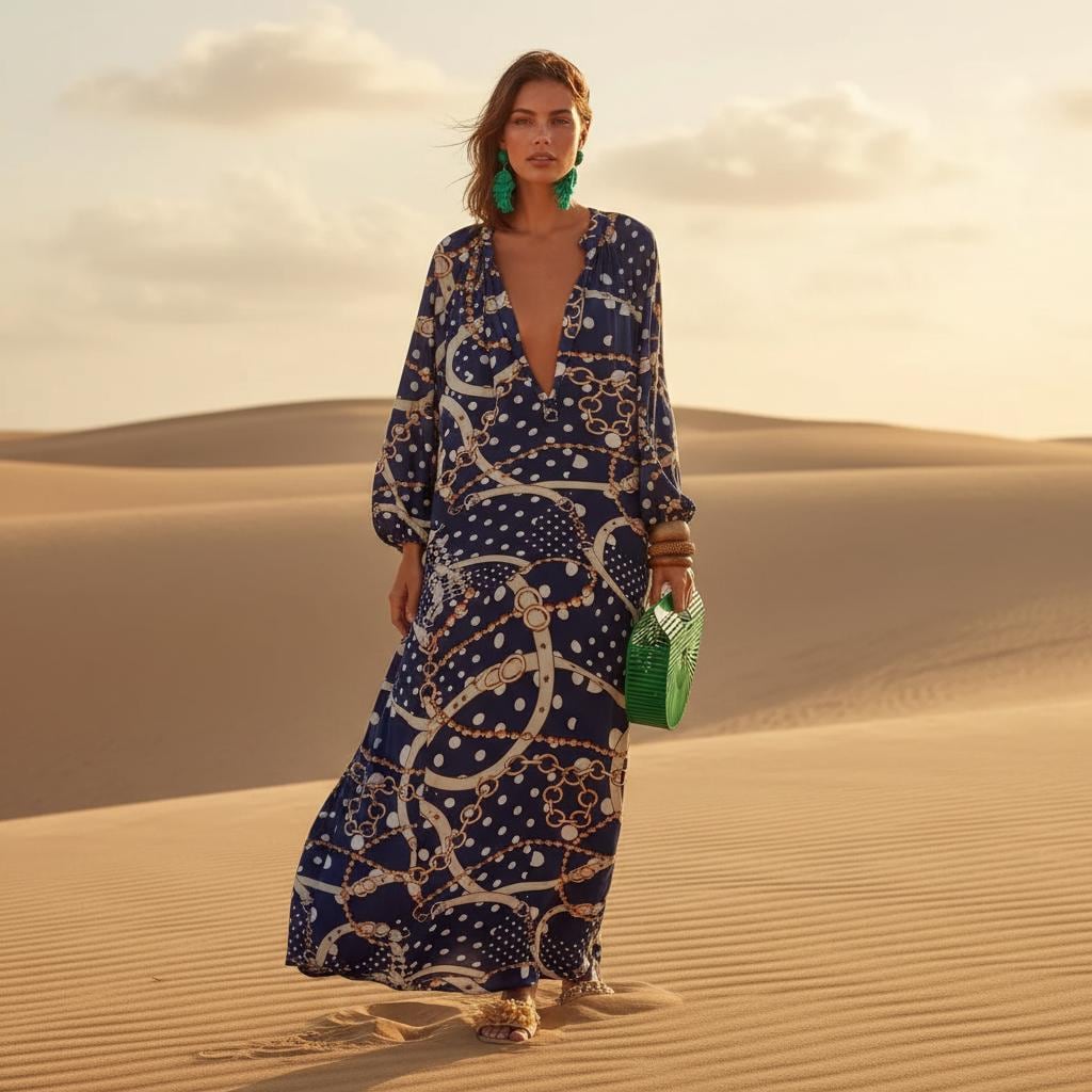 Sexy Deep V Neck Boho Maxi Dress Flowy Beach Dress