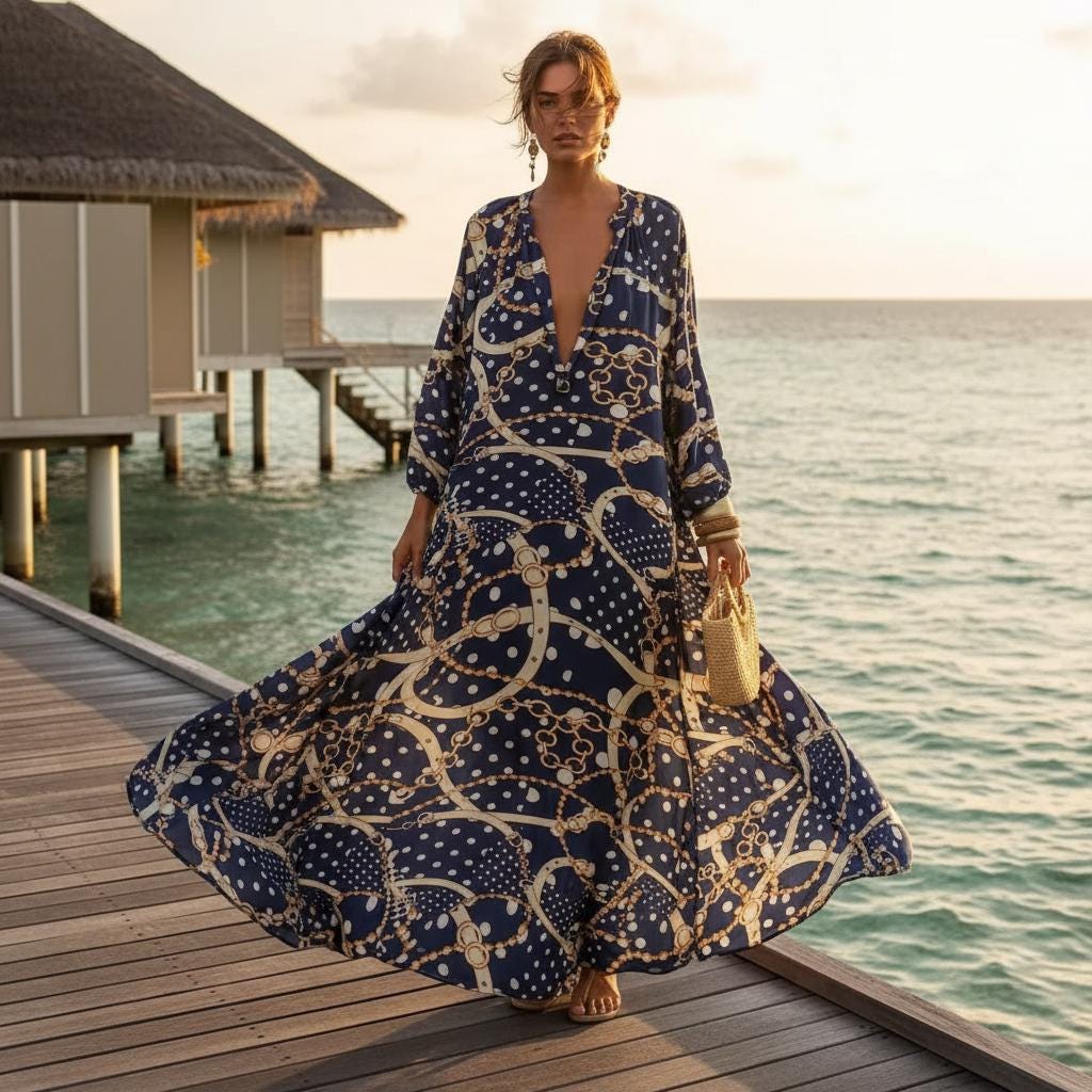 Sexy Deep V Neck Boho Maxi Dress Flowy Beach Dress
