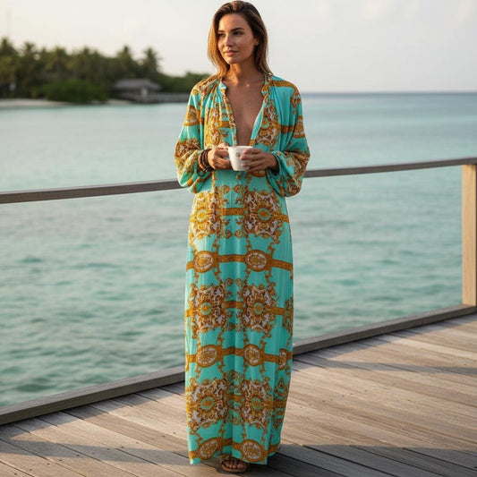 Oversized Boho Maxi Dress Long Sleeve Beach Vacation Dress