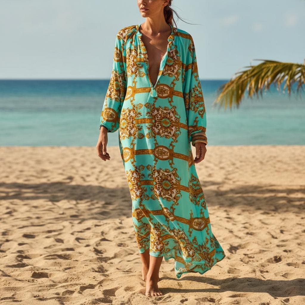 Oversized Boho Maxi Dress Long Sleeve Beach Vacation Dress