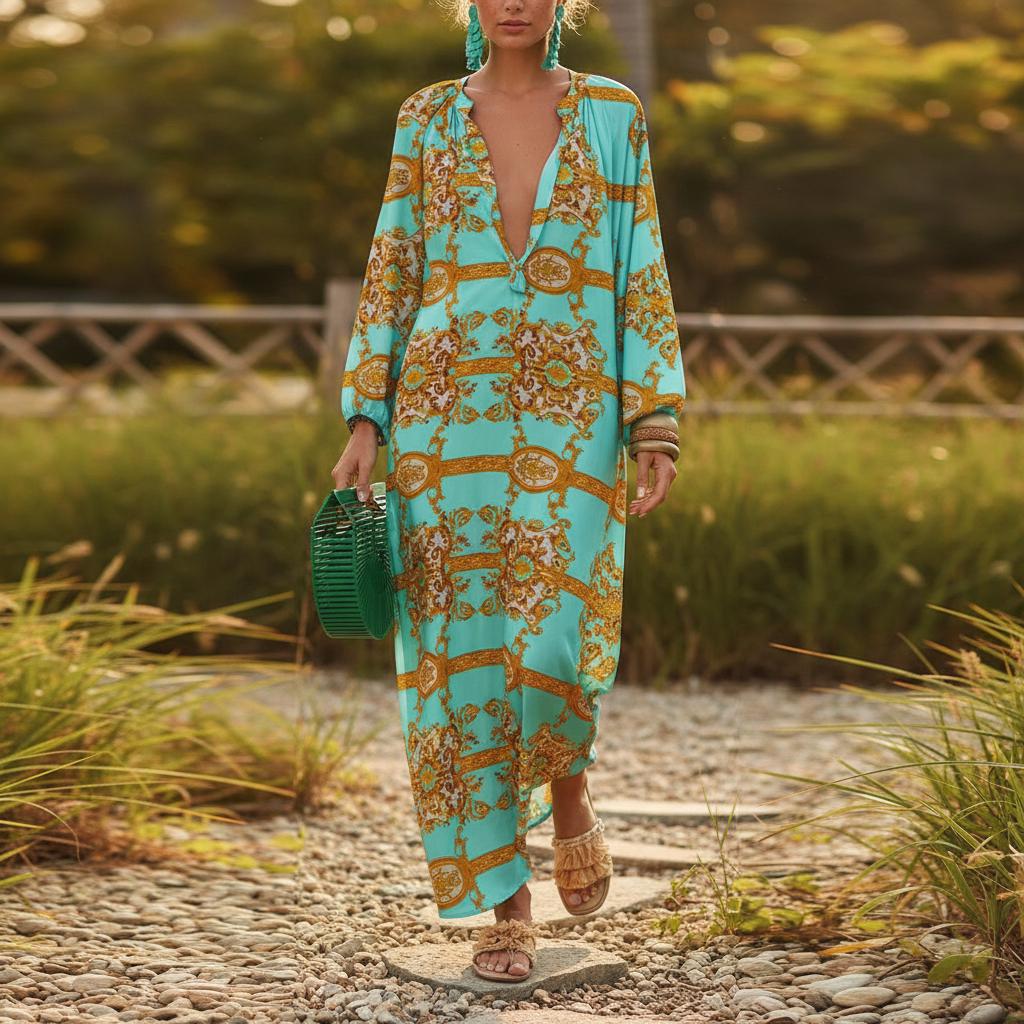 Oversized Boho Maxi Dress Long Sleeve Beach Vacation Dress