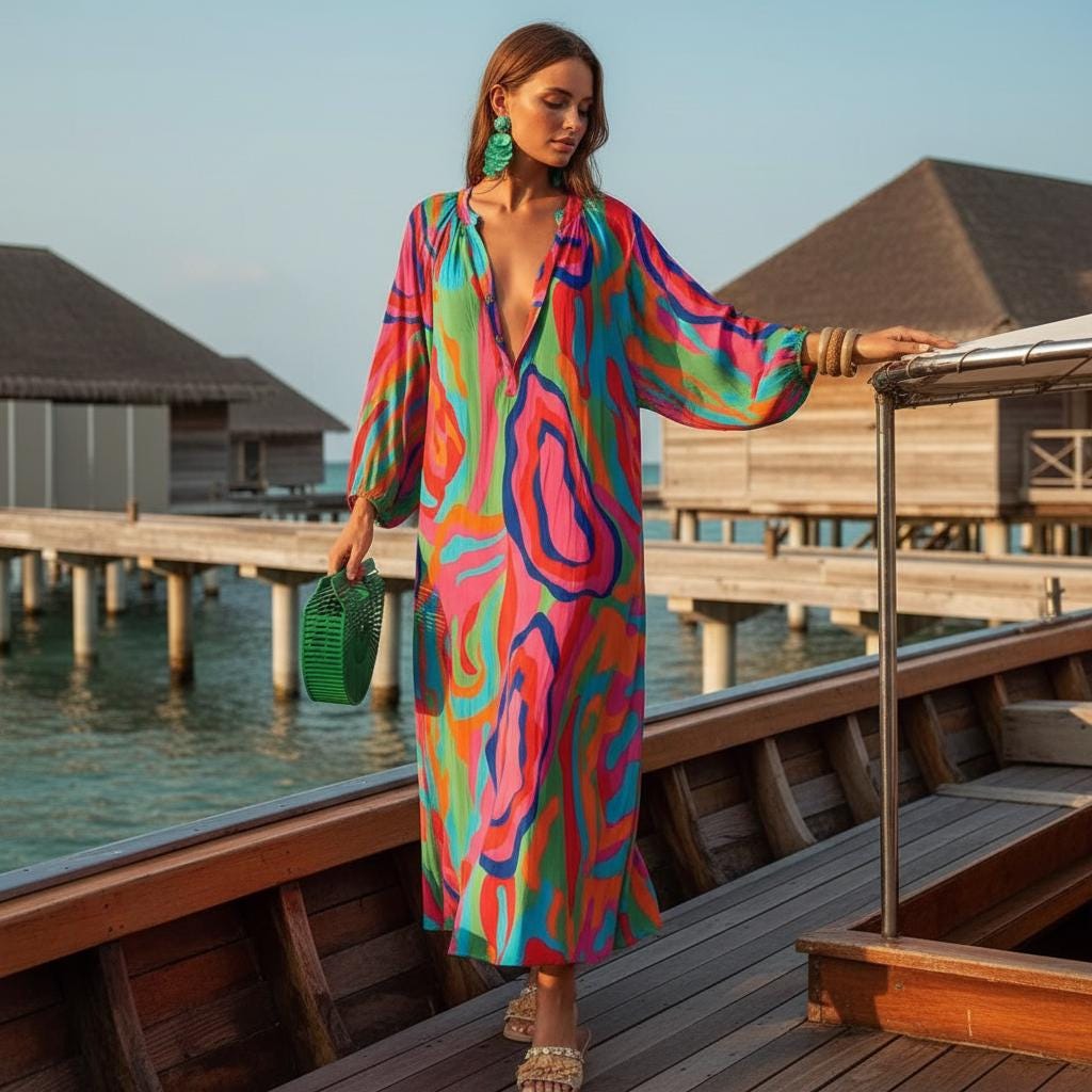 Spring Summer Boho Maxi Dress Deep V Neck Loose Dress