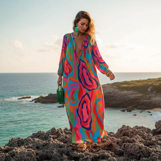 Spring Summer Boho Maxi Dress Deep V Neck Loose Dress