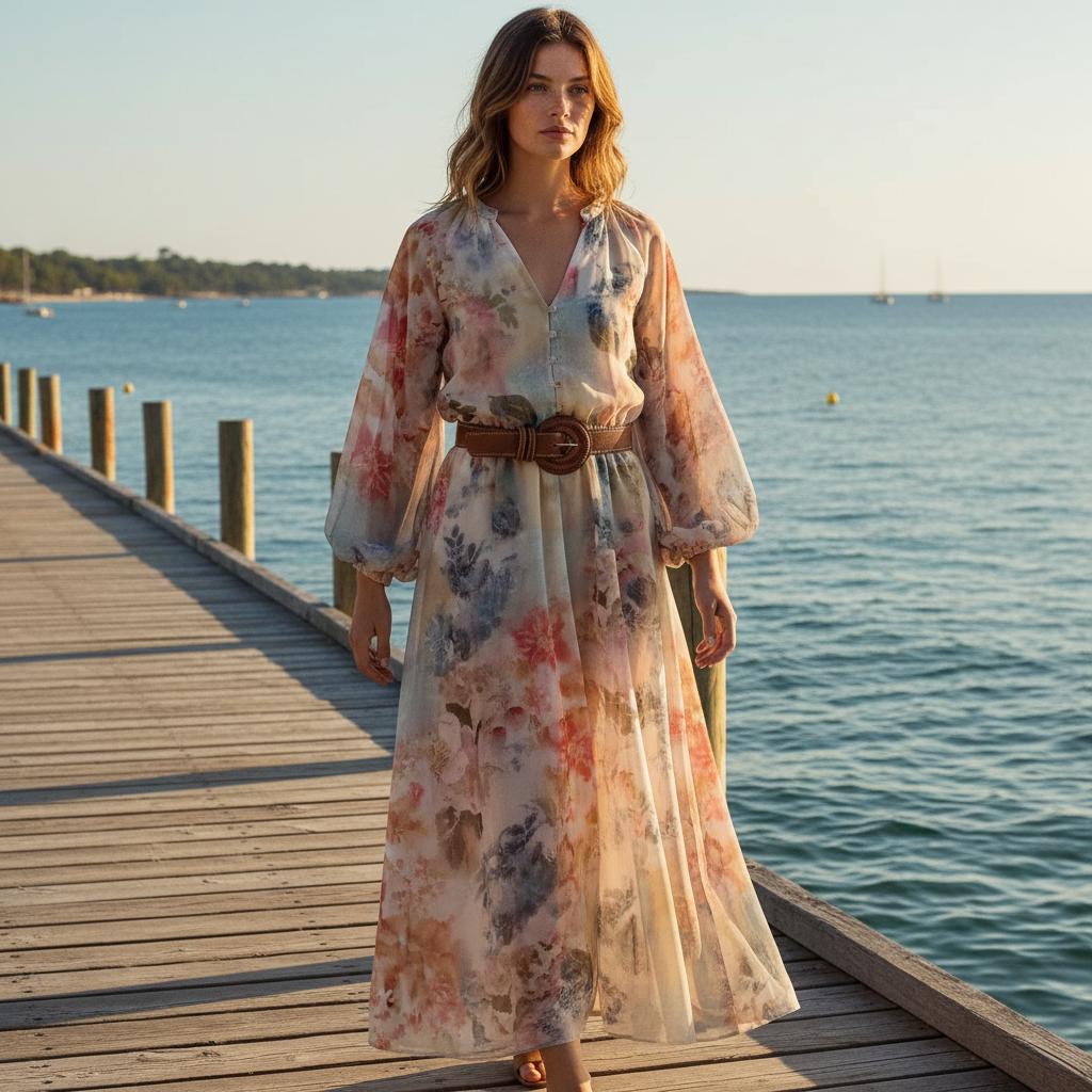 Floral Maxi Dress Belted V Neck Lantern Sleeve Boho Summer Dress