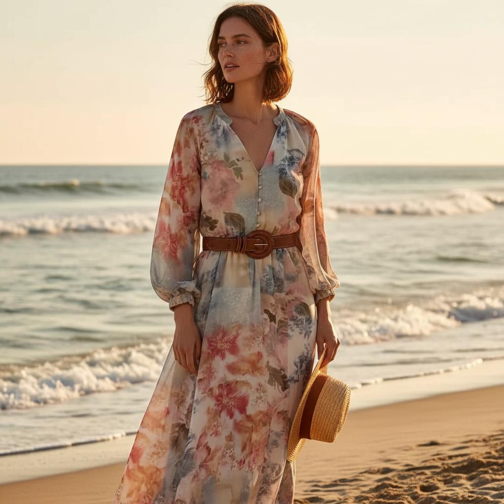 Floral Maxi Dress Belted V Neck Lantern Sleeve Boho Summer Dress
