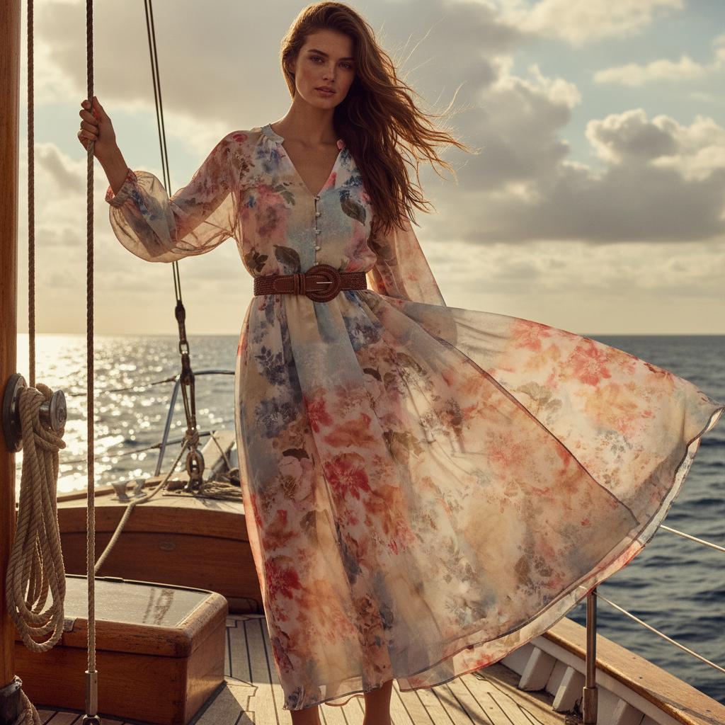 Floral Maxi Dress Belted V Neck Lantern Sleeve Boho Summer Dress