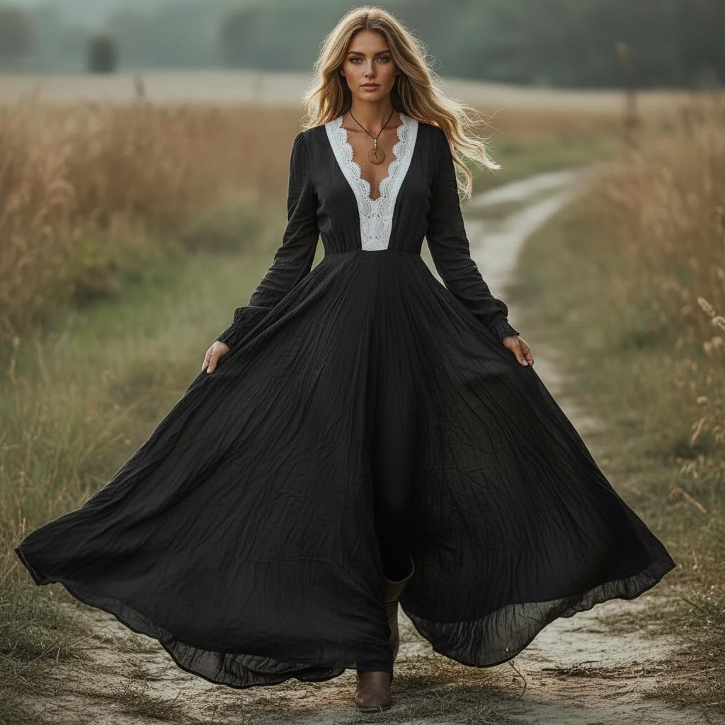 Retro Boho Lace Long Dress High Waist Floral V Neck Maxi Dress