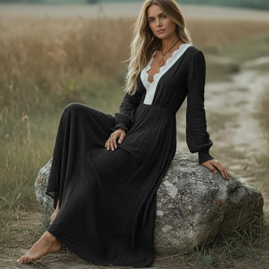 Retro Boho Lace Long Dress High Waist Floral V Neck Maxi Dress
