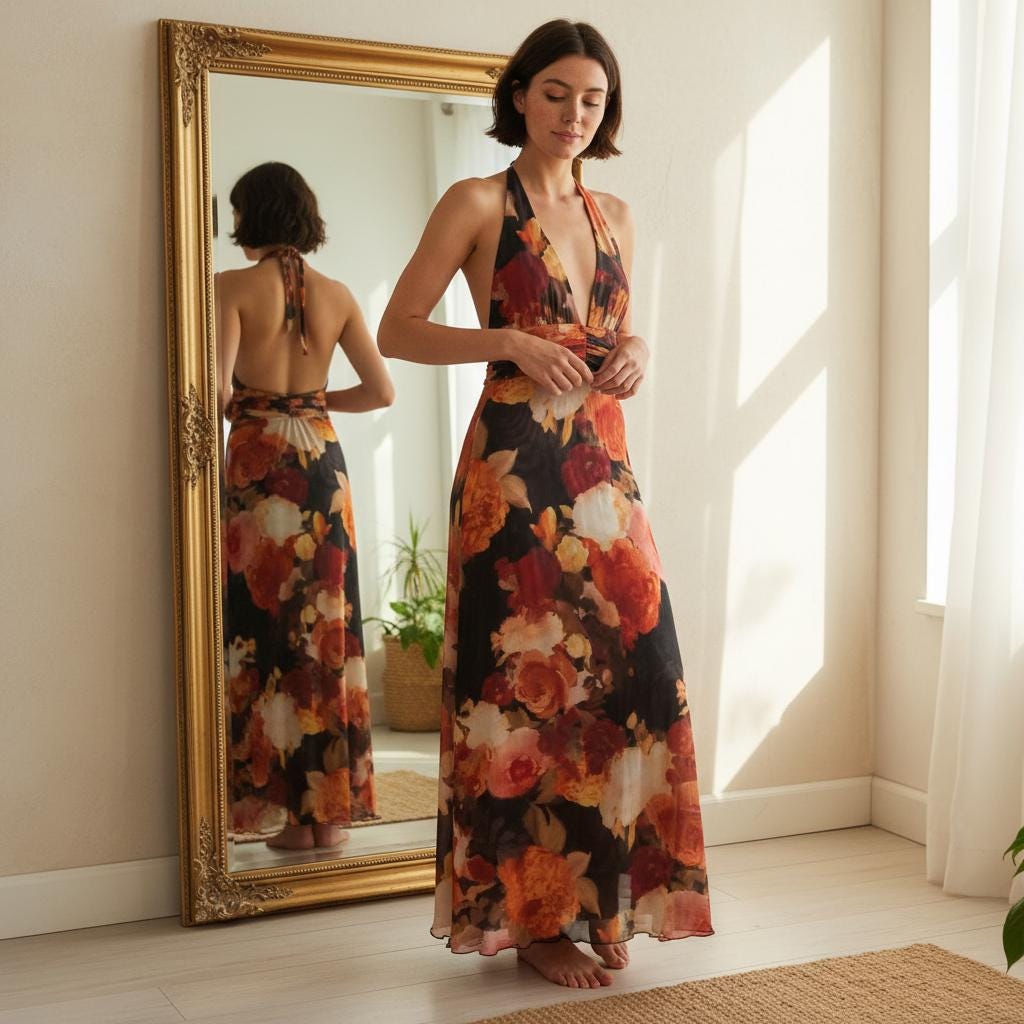 Boho Backless Maxi Dress Deep V Neck Halter Summer Ruffle Dress