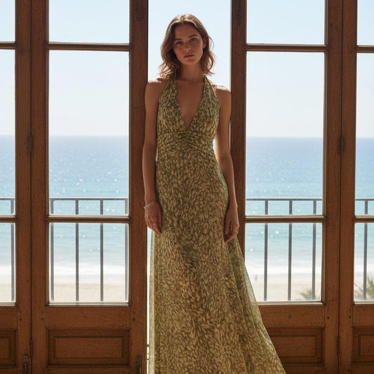 Bohemian Printed Maxi Dress Backless Halter Deep V Summer Ruffle Dress