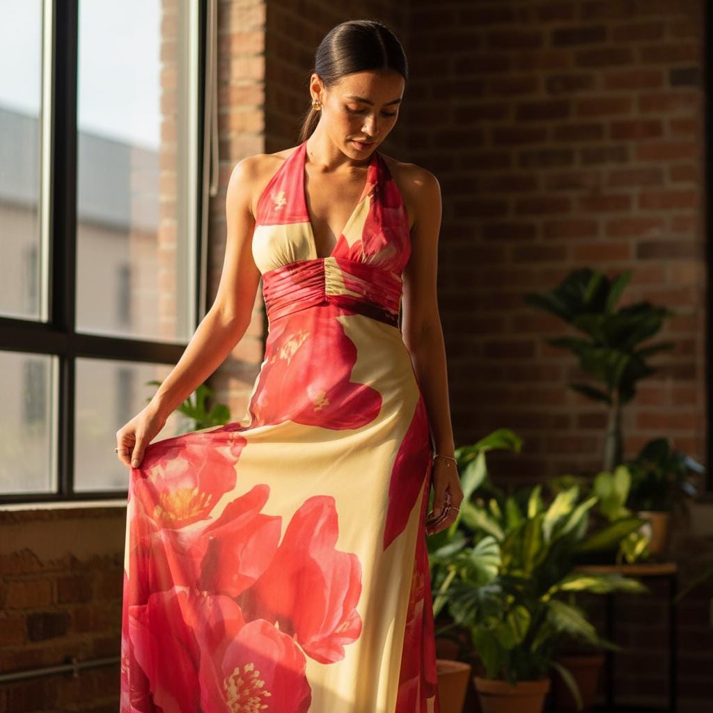Summer Boho Halter Maxi Dress Backless Deep V Flowy Ruffle Dress