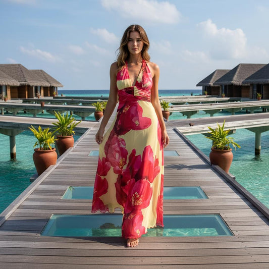 Summer Boho Halter Maxi Dress Backless Deep V Flowy Ruffle Dress
