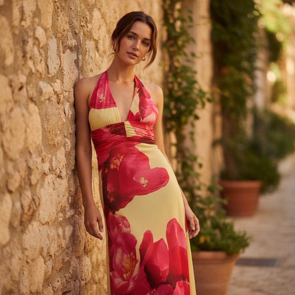 Summer Boho Halter Maxi Dress Backless Deep V Flowy Ruffle Dress