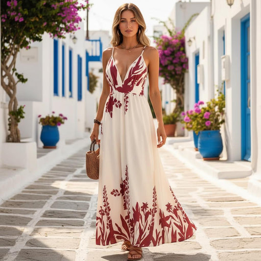 Tropical Backless Halter Maxi Dress Ethnic Print Beach Vacation Dress