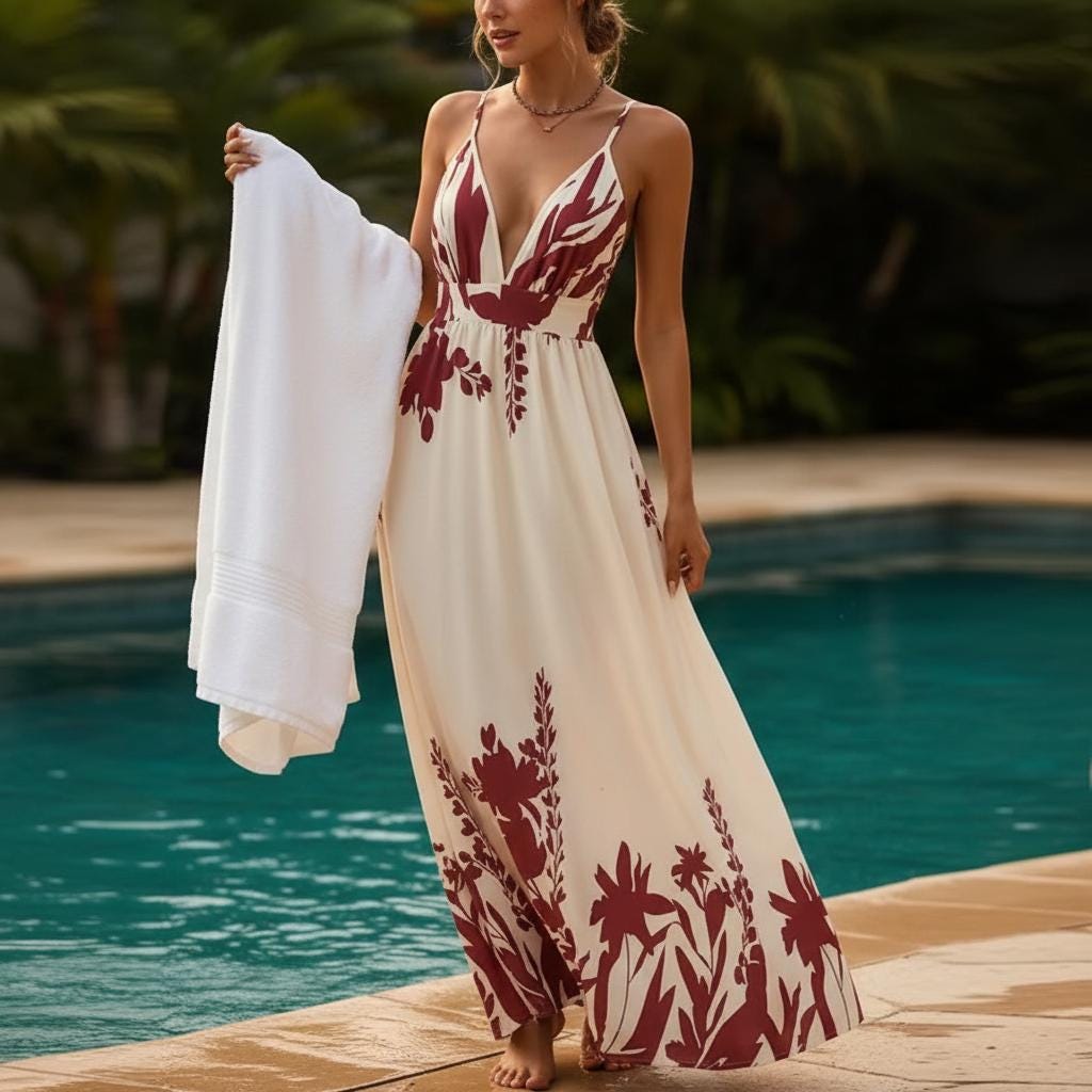 Tropical Backless Halter Maxi Dress Ethnic Print Beach Vacation Dress