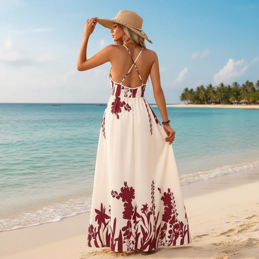 Tropical Backless Halter Maxi Dress Ethnic Print Beach Vacation Dress