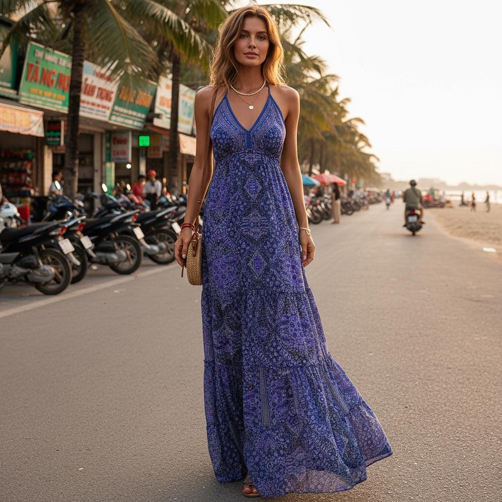 Strapless Boho Maxi Dress Floral Print Summer Beach Long Dress