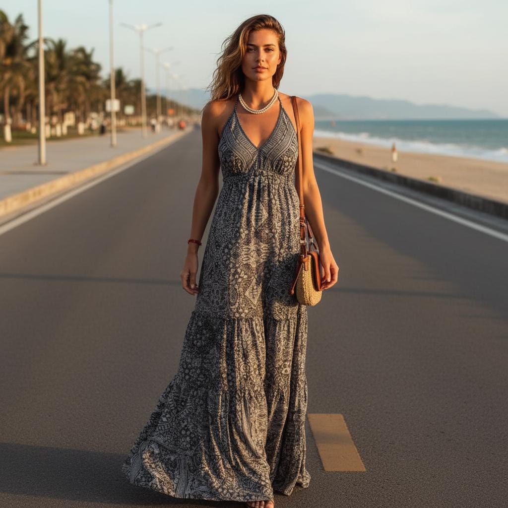 Women Boho Floral Maxi Dress High Waist Strapless Summer Outfit