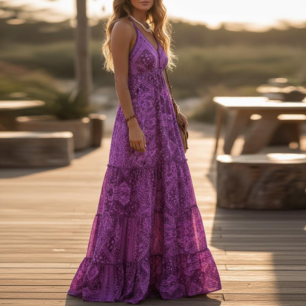 Bohemian Strapless Maxi Dress Floral High Waist Beach Dress