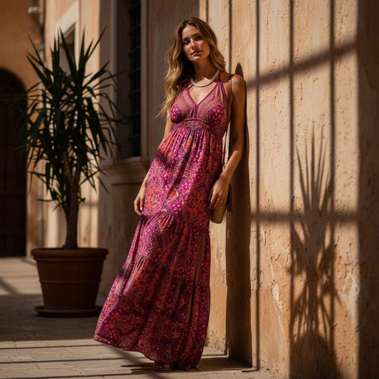 Strapless Floral Maxi Dress Boho Style High Waist Summer Dress