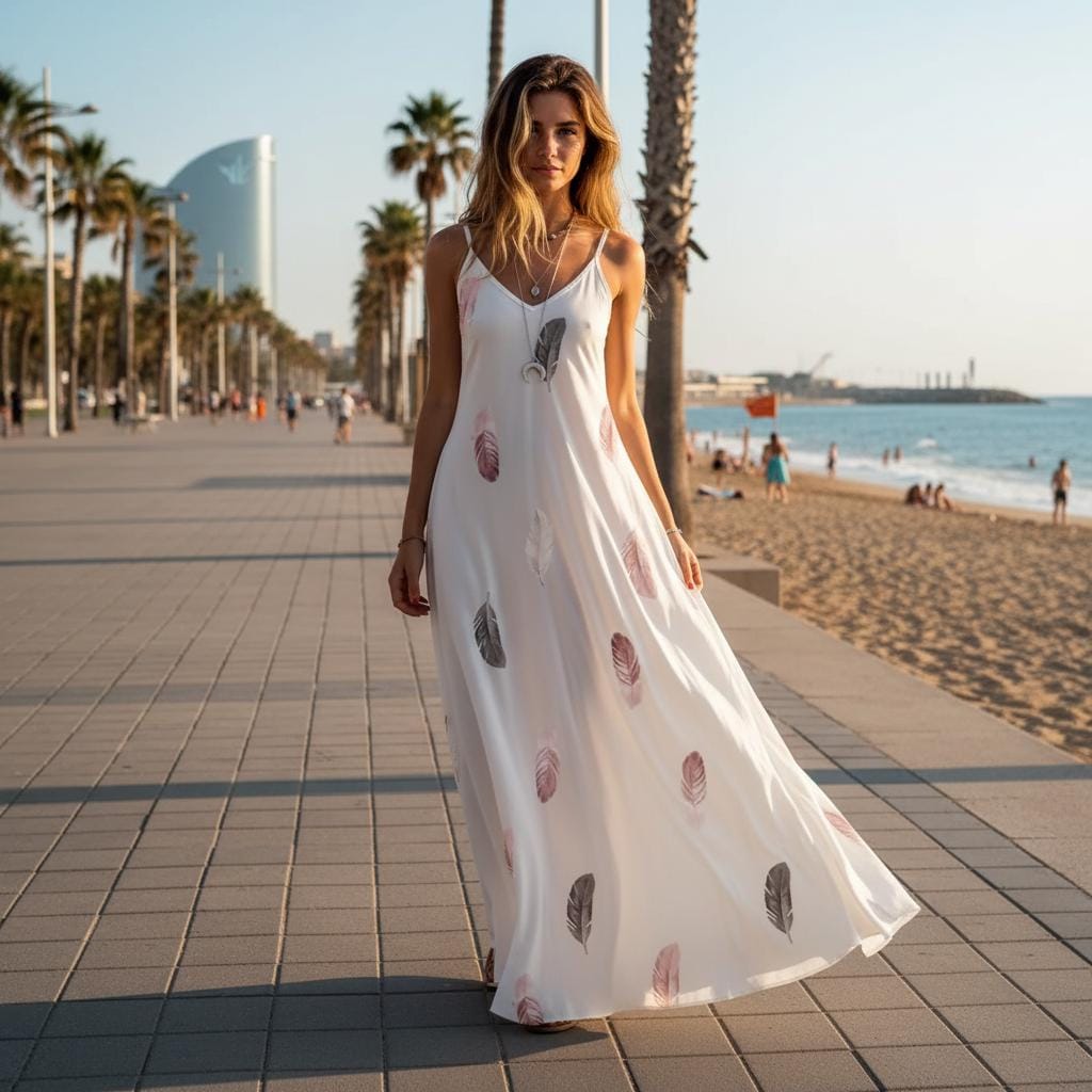 Chic Feather Print Maxi Dress V Neck Stretch Casual Summer