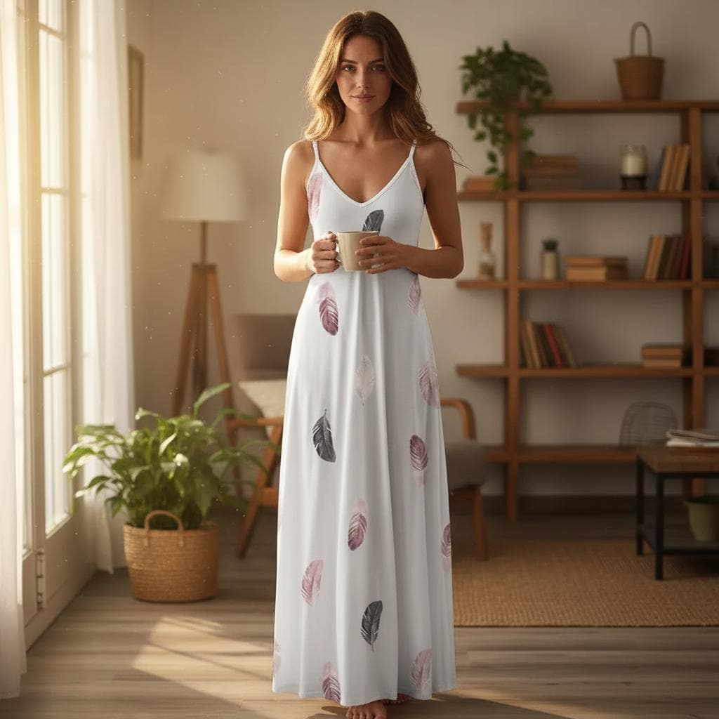 Chic Feather Print Maxi Dress V Neck Stretch Casual Summer