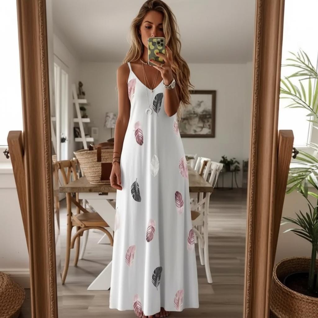 Chic Feather Print Maxi Dress V Neck Stretch Casual Summer