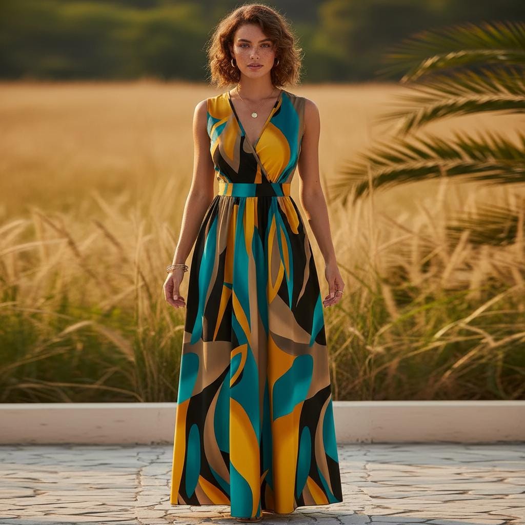 Abstract Print Sleeveless V-Neck Maxi Dress Beach Casual Summer