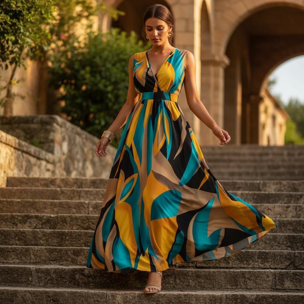 Abstract Print Sleeveless V-Neck Maxi Dress Beach Casual Summer