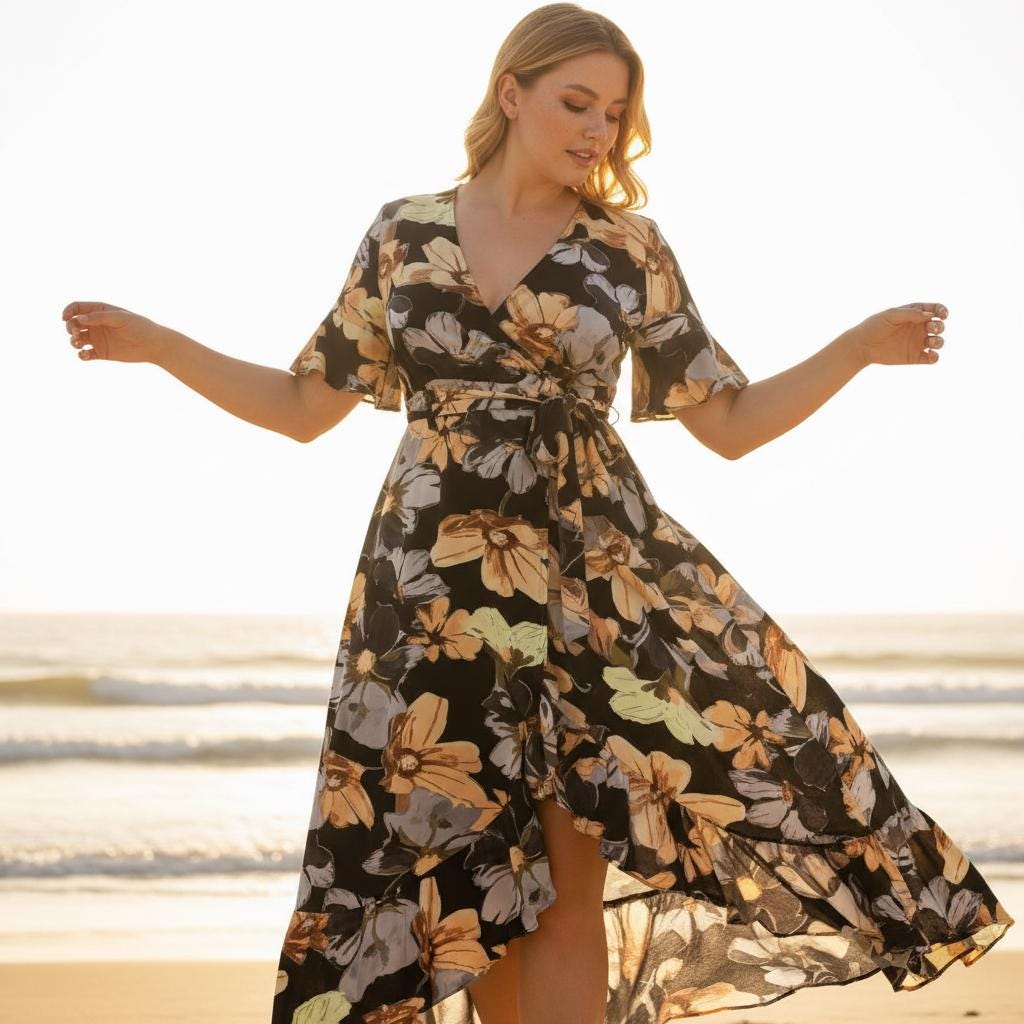 Plus Size Boho V Neck Fishtail Maxi Dress Flowy Trumpet Sleeve