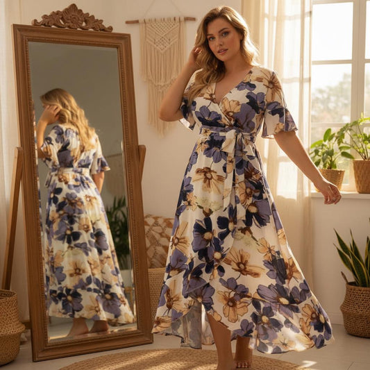 Plus Size Boho Printed Maxi Dress V Neck Flowy Fishtail Hem