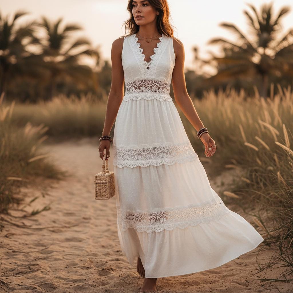 Elegant Lace Stitch V-Neck Sleeveless Summer Dress for Women