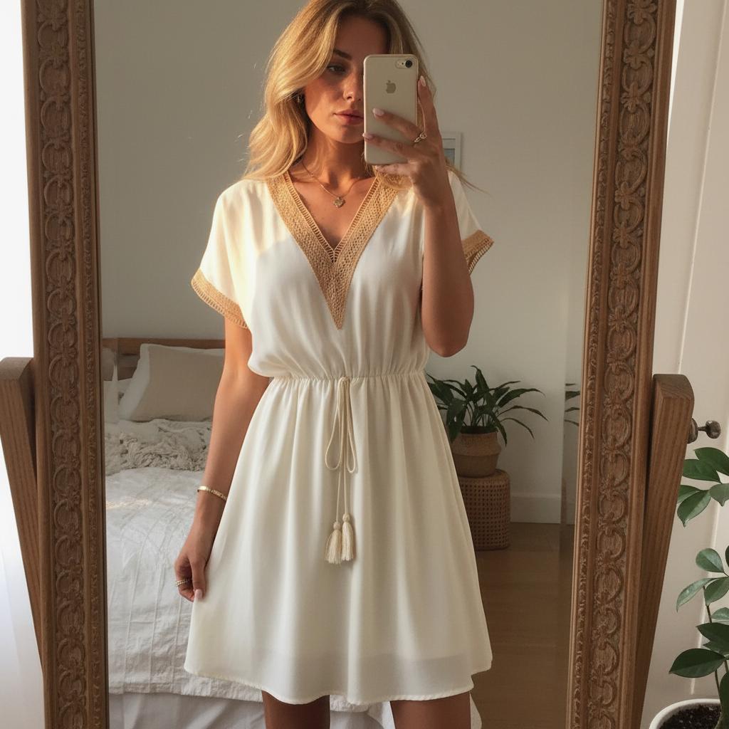 Chic Lace Summer Midi Dress V Neck Short Sleeve Beach Outfit