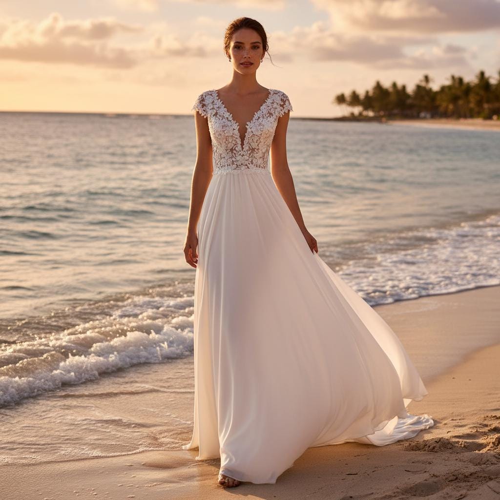 Boho Lace A-Line Wedding Dress V Neck Open Back Bridal Gown
