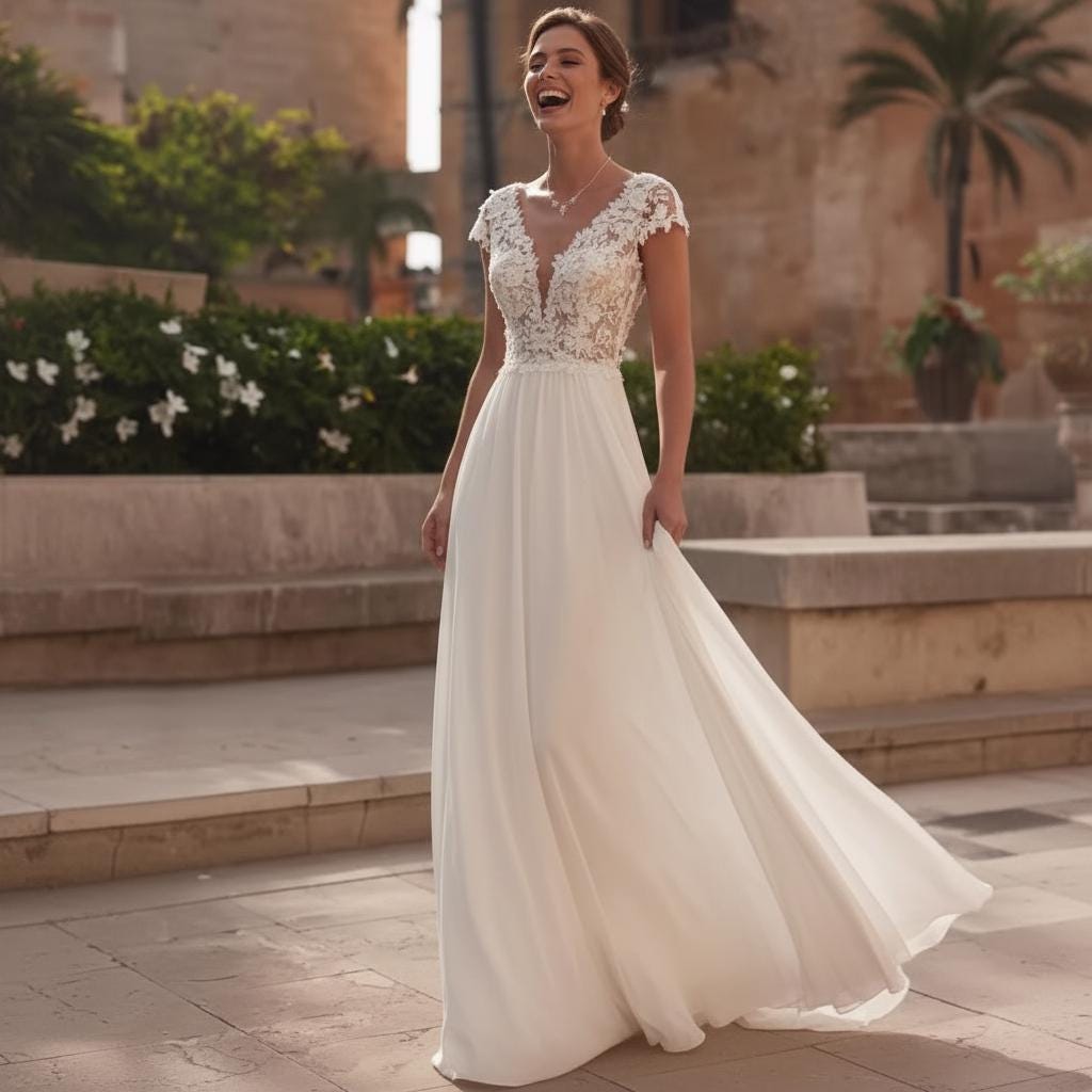Boho Lace A-Line Wedding Dress V Neck Open Back Bridal Gown