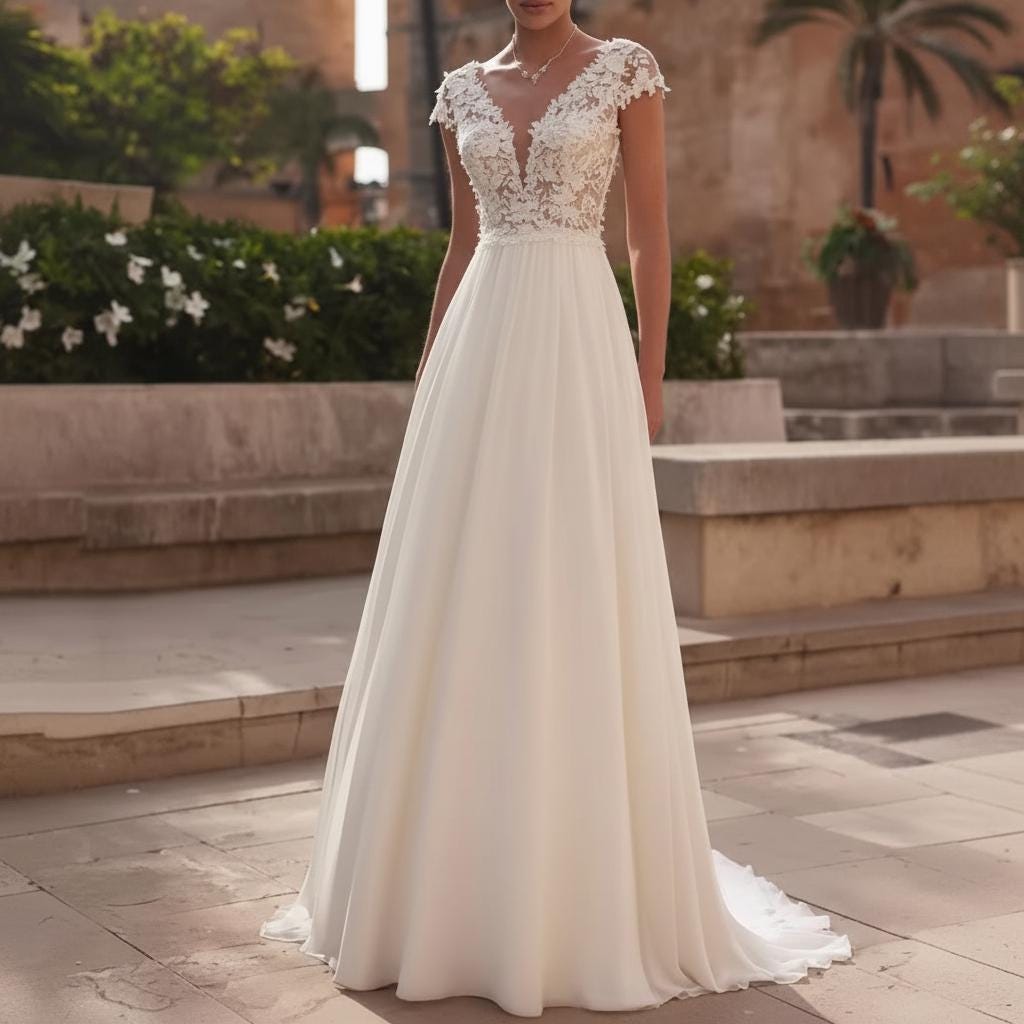 Boho Lace A-Line Wedding Dress V Neck Open Back Bridal Gown