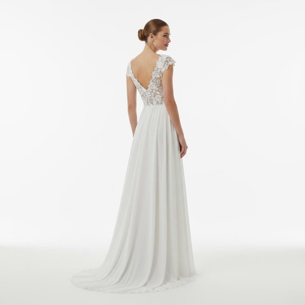 Boho Lace A-Line Wedding Dress V Neck Open Back Bridal Gown