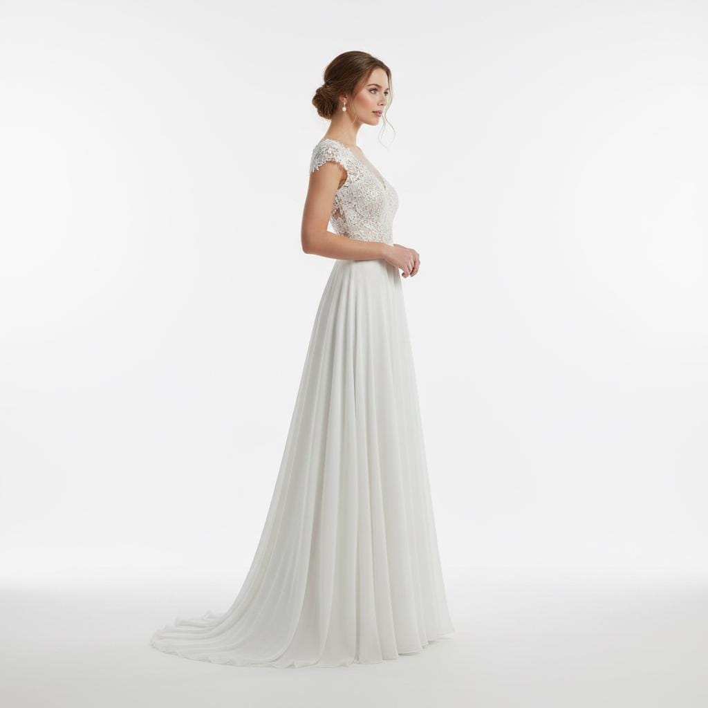 Boho Lace A-Line Wedding Dress V Neck Open Back Bridal Gown