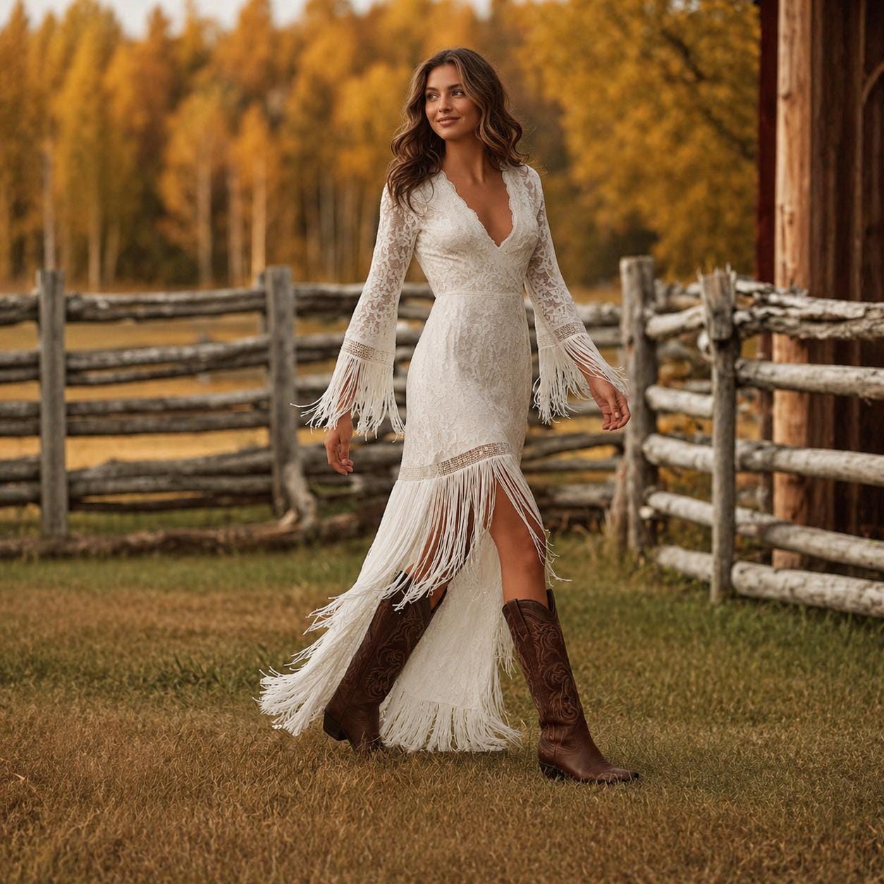 Simple Boho Lace Wedding Dress White Fringe Sleeve Elopement Maxi