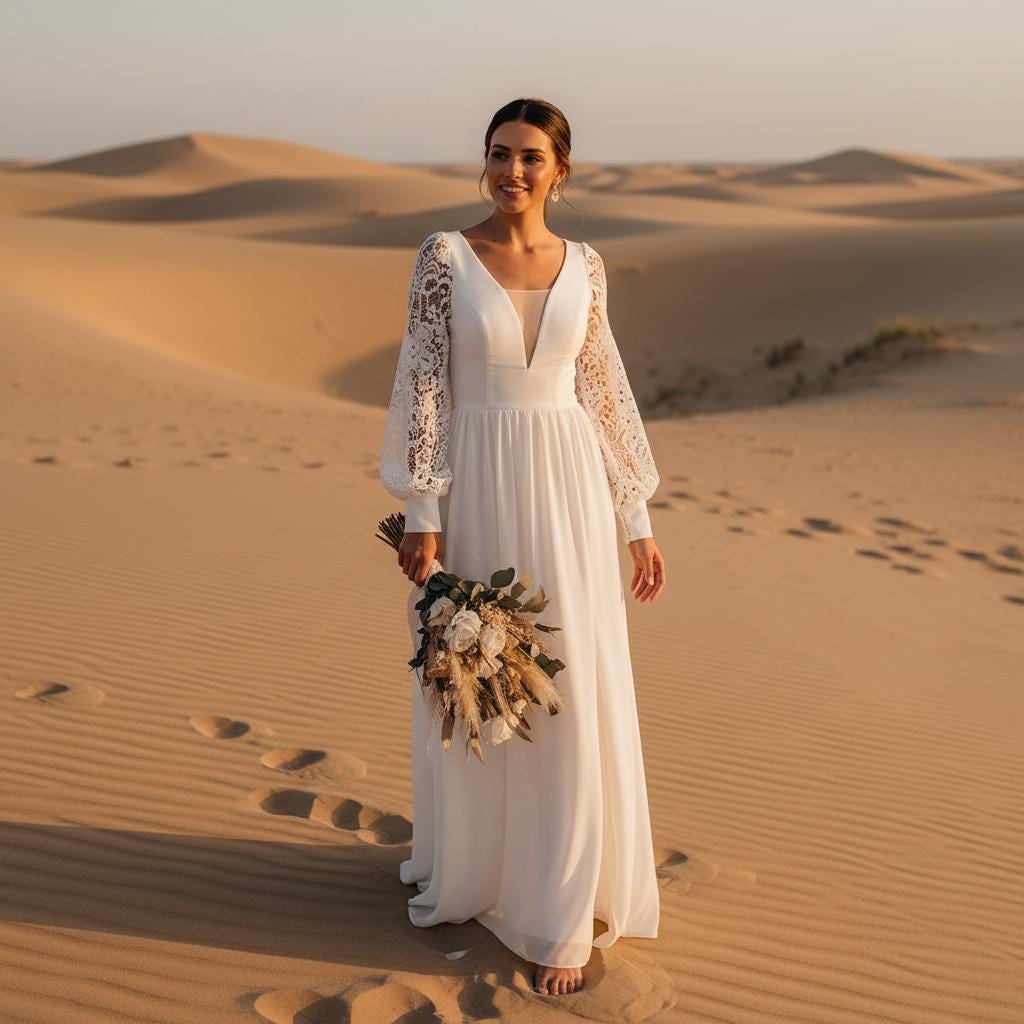 Boho Lace Chiffon Wedding Dress Long Sleeve Elopement A-Line Slit