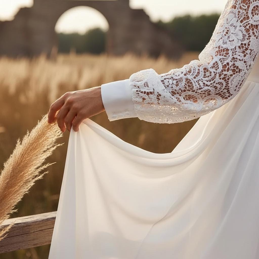 Boho Lace Chiffon Wedding Dress Long Sleeve Elopement A-Line Slit