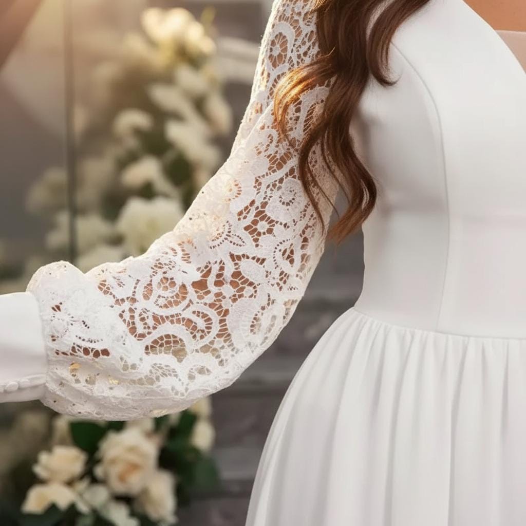 Boho Lace Chiffon Wedding Dress Long Sleeve Elopement A-Line Slit