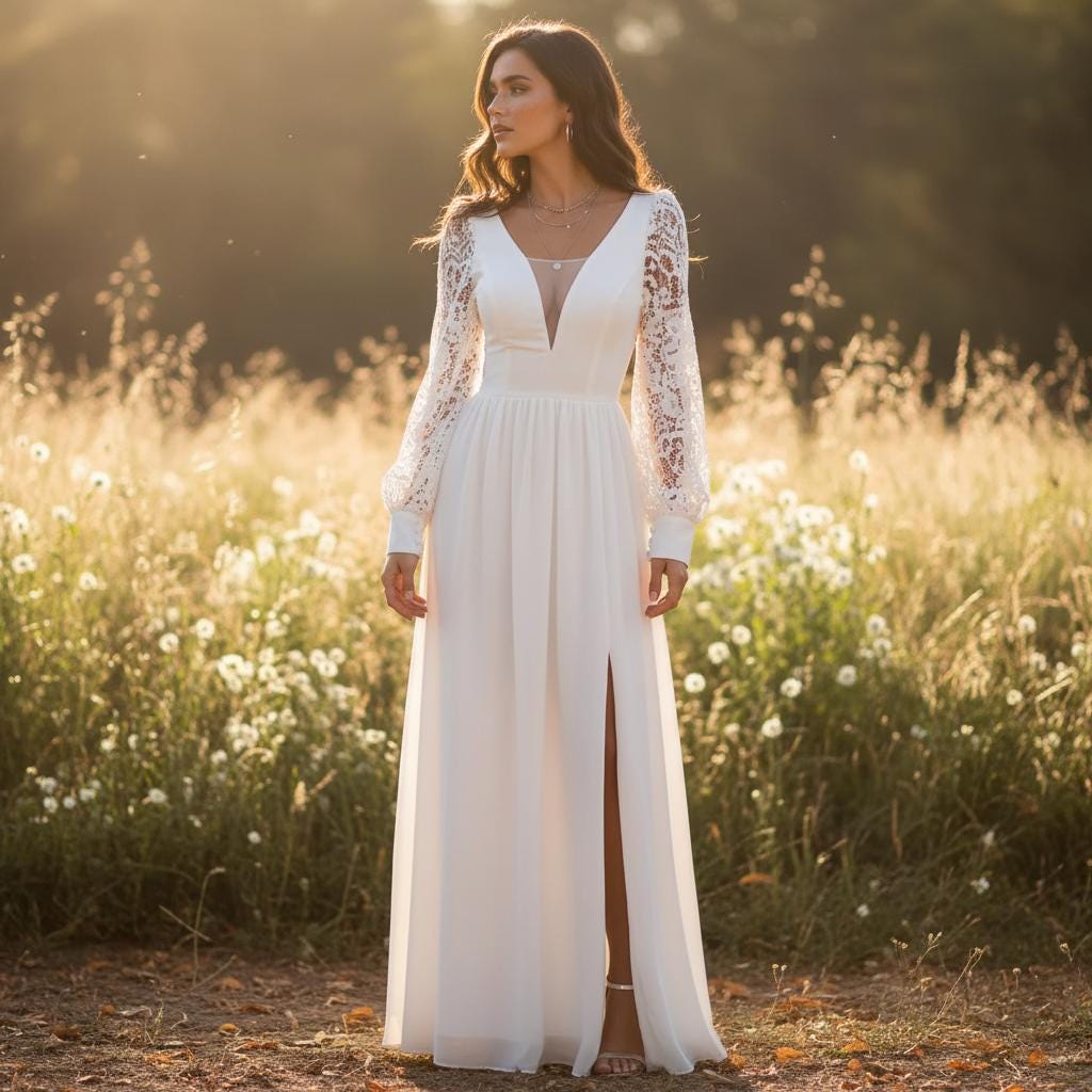 Boho Lace Chiffon Wedding Dress Long Sleeve Elopement A-Line Slit