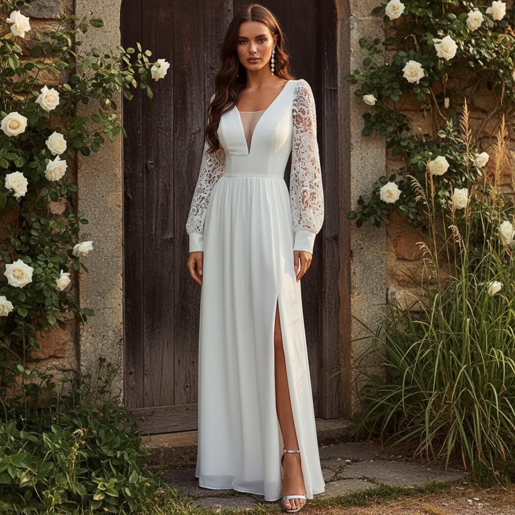 Boho Lace Chiffon Wedding Dress Long Sleeve Elopement A-Line Slit